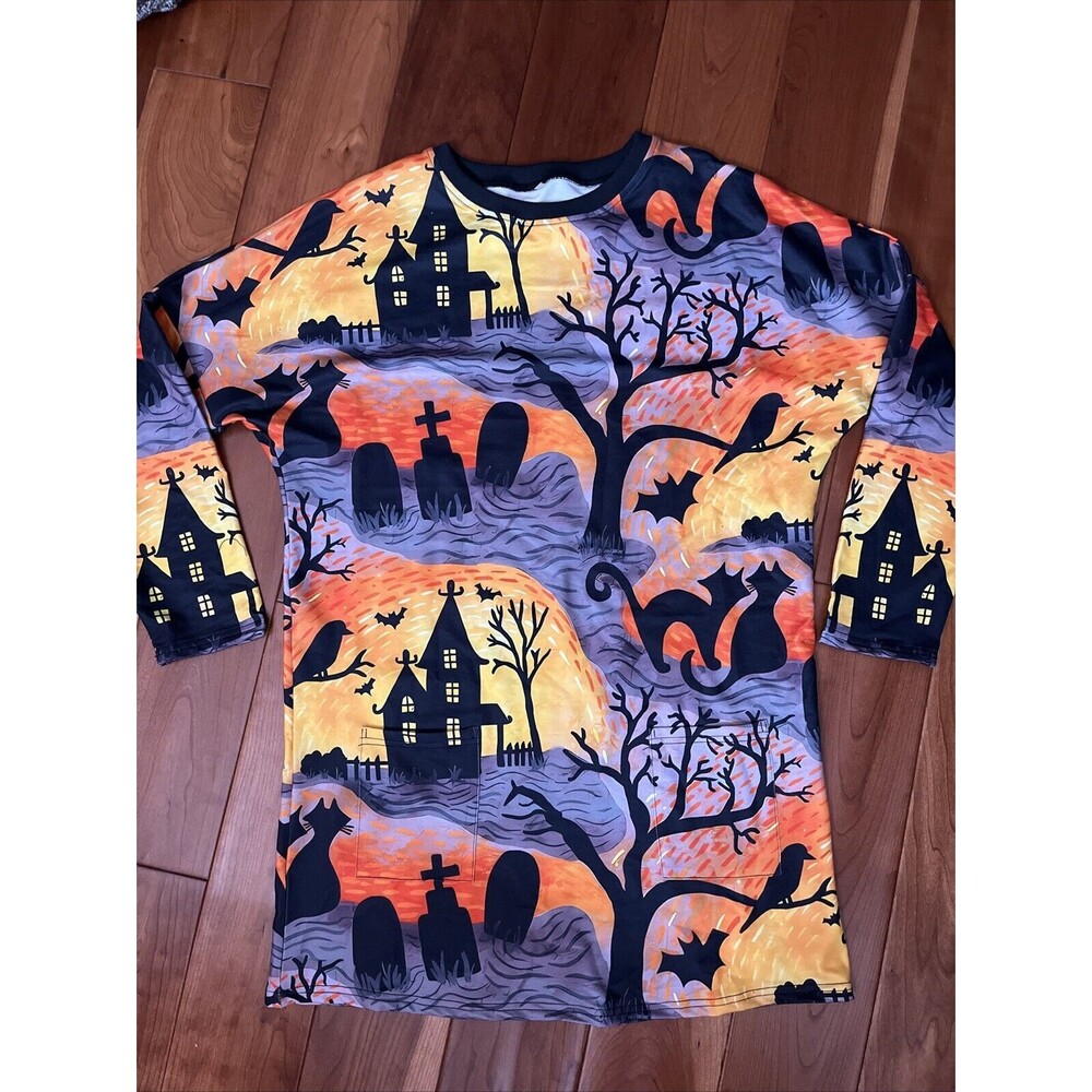 Halloween Women’s Size Medium Tunic Pockets Haunted House Bats Black Cats